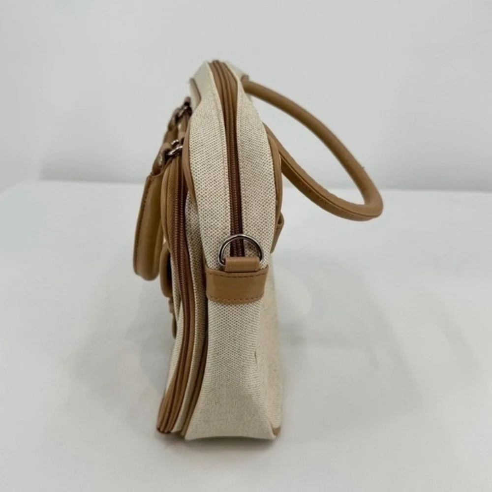 Vintage Faux Canvas Organizer Satchel Bag‎ Tan Cream Multi Pocket Briefcase